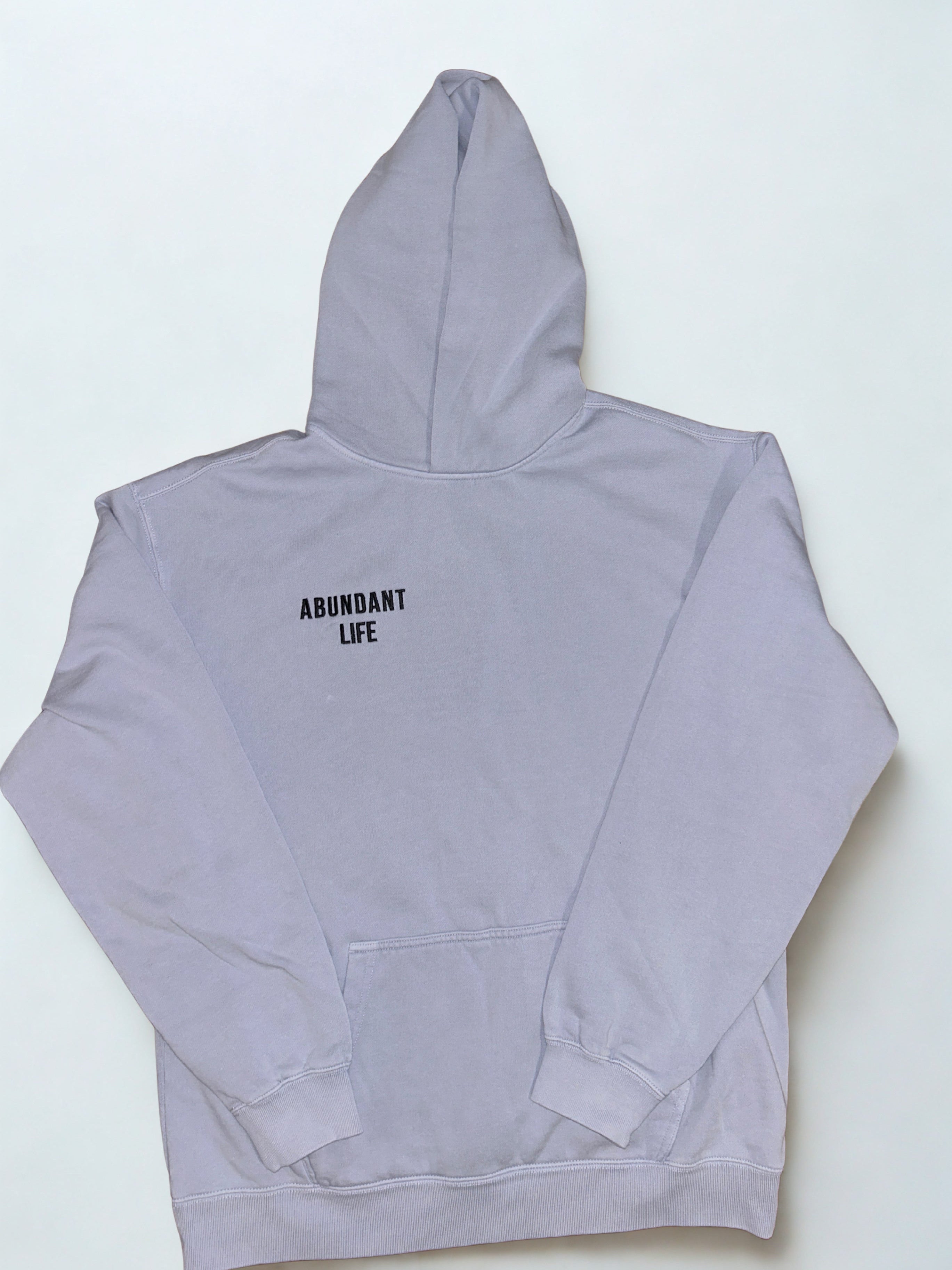 Light blue hoodie with text on a light gray background